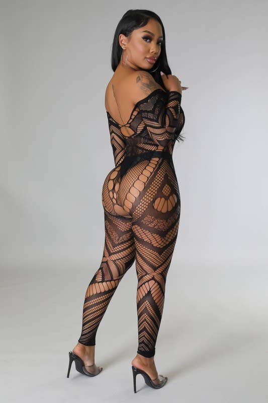 Off Shoulder Mesh Jumpsuits: Black / OS