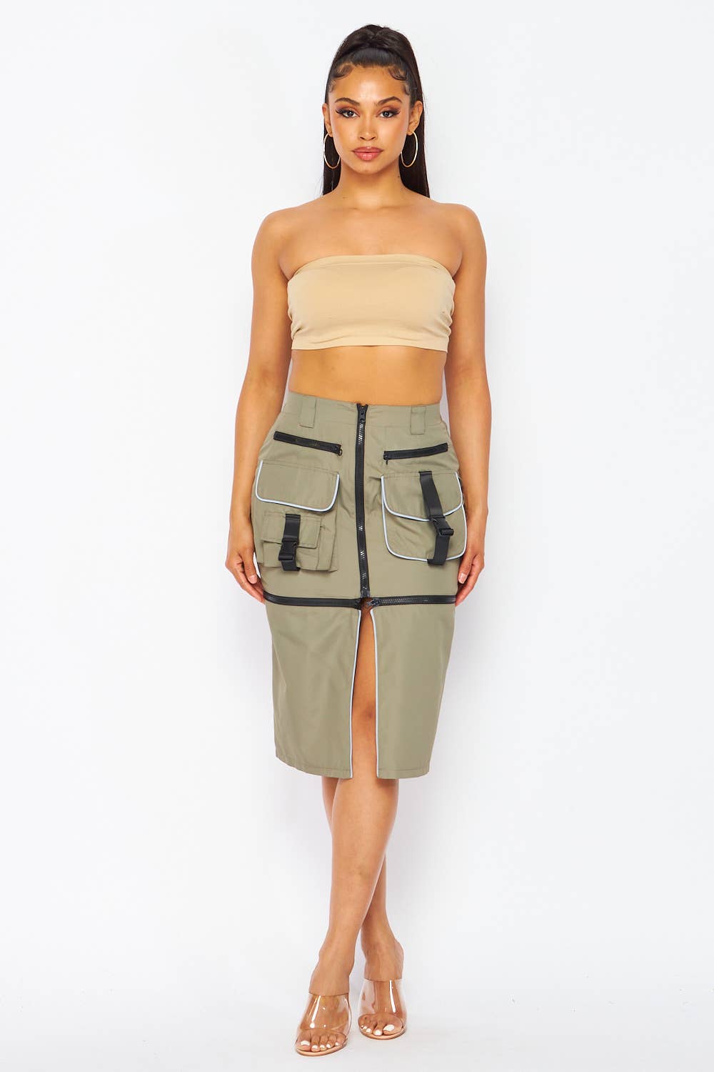 Day to Night Cargo Pocket Zipper Midi Skirt