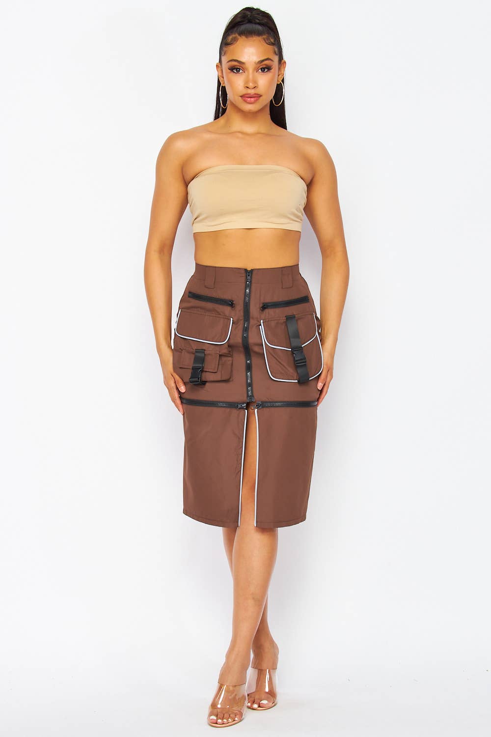 Day to Night Cargo Pocket Zipper Midi Skirt