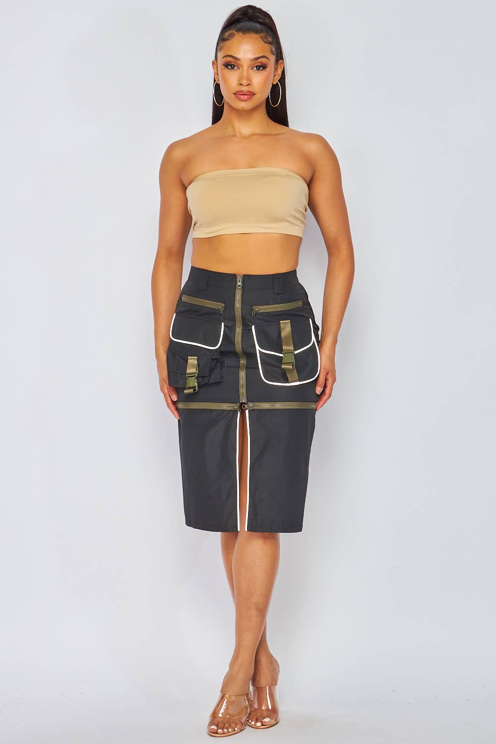 Day to Night Cargo Pocket Zipper Midi Skirt